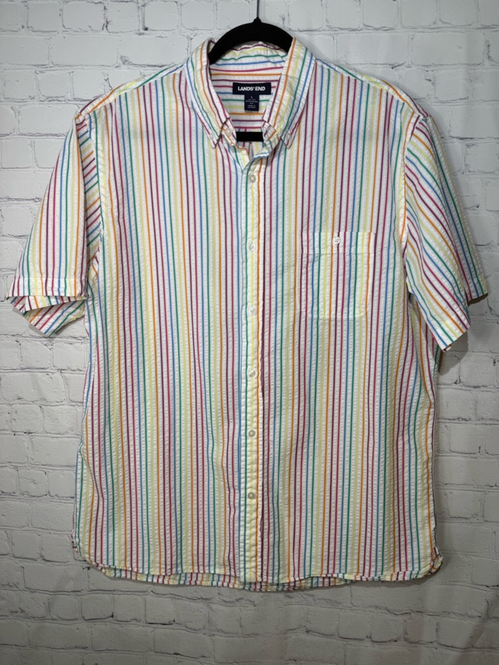 Lands’ End size large rainbow striped seersucker short sleeve shirt